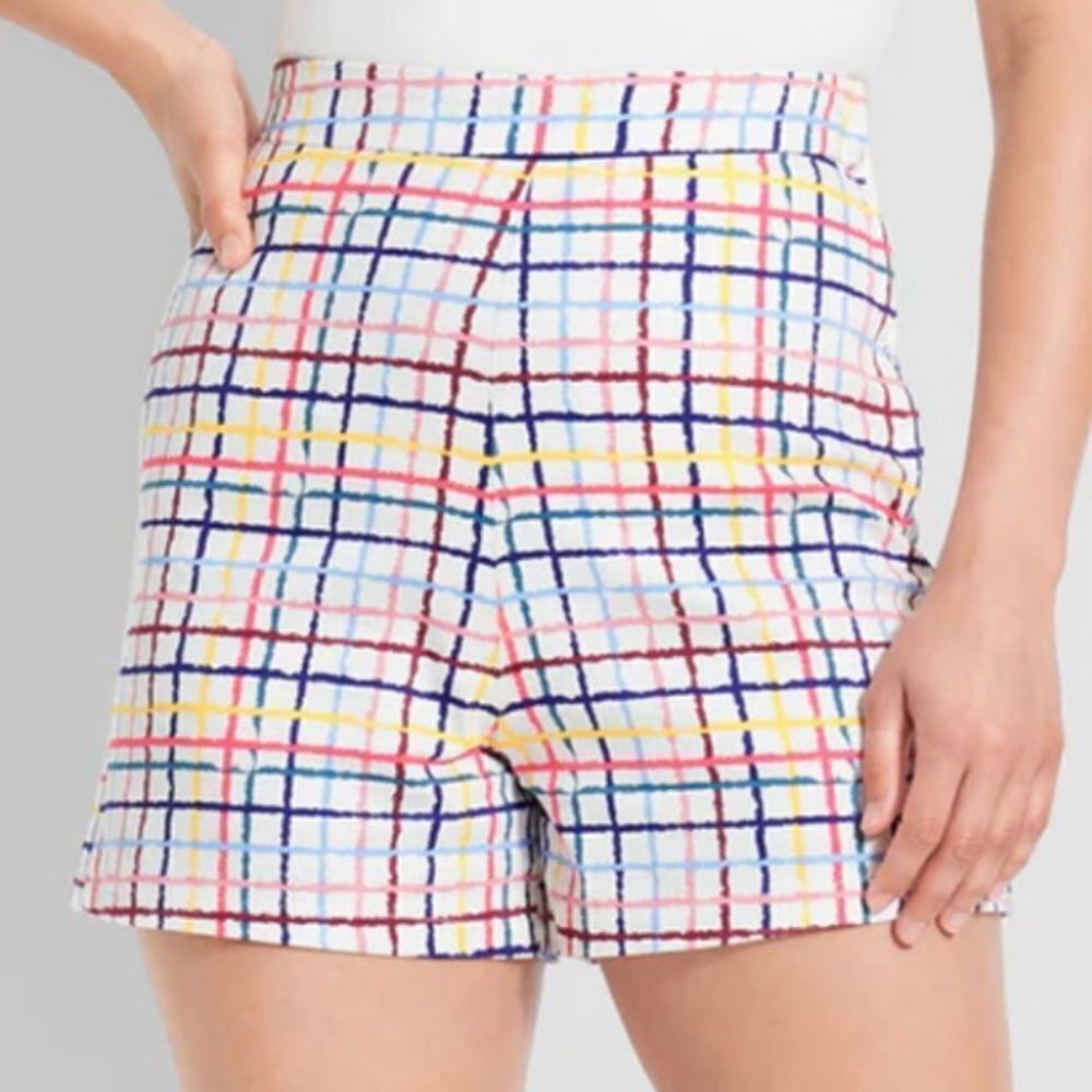 Modcloth High Waist Party Streamers Shorts Blue Pink Rainbow Plaid 6 Small NWT